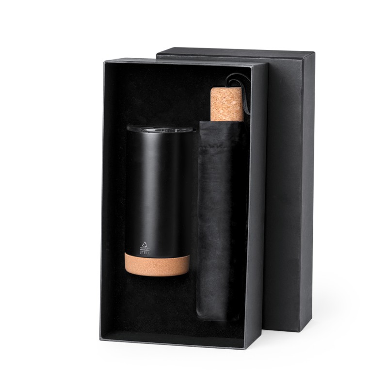 Neolux - Wärme Flasche Reclycling Rostfreier Stahl/ Kork. 550 ml | Regenschirm Pongee 190T. Fiberglass Rippen. 21". Antiwindsyst