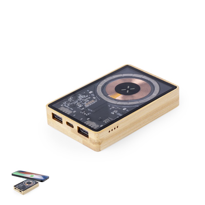 Dominik - Drahtlos 15W. Magnetisch. 5000 mAh. Typ C Ausgänge und Eingang | Bambus