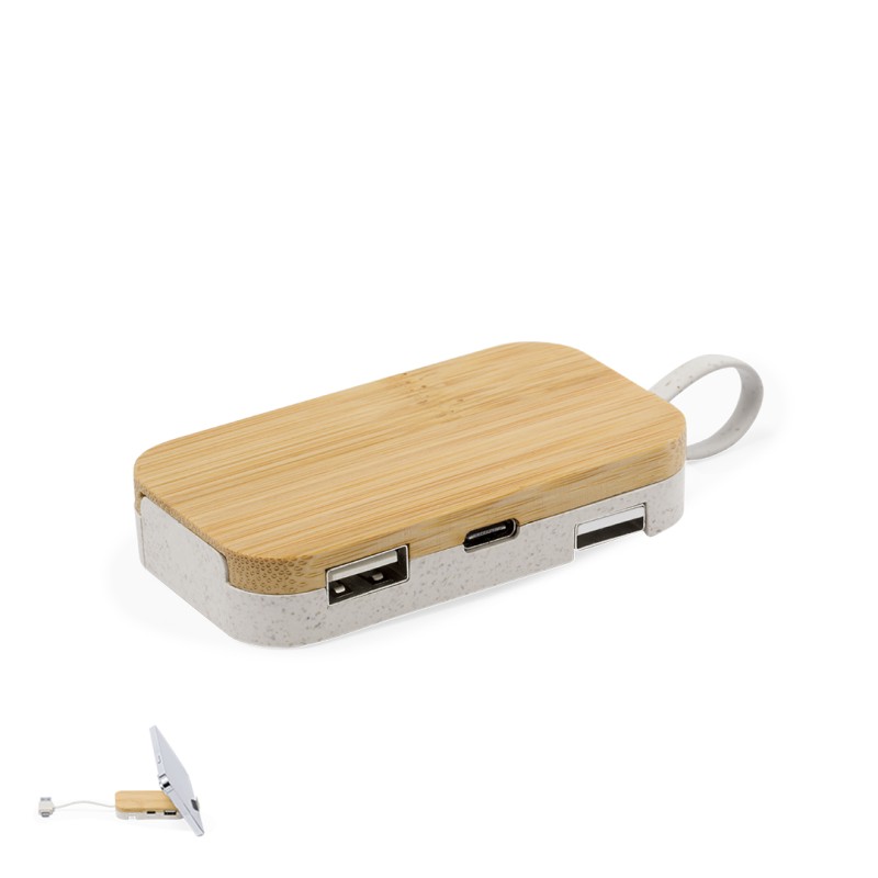 Flow - 1 Typ C Hub. 2 Hubs USB 2.0 | Weizenstroh/ ABS/ Bambus