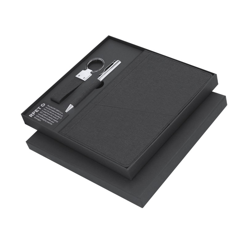 Meryl - Bloc Notes Couverture Rigide. 80 Feuilles. Stylo. Porte-Clés | Polyester 300D RPET/ Métal