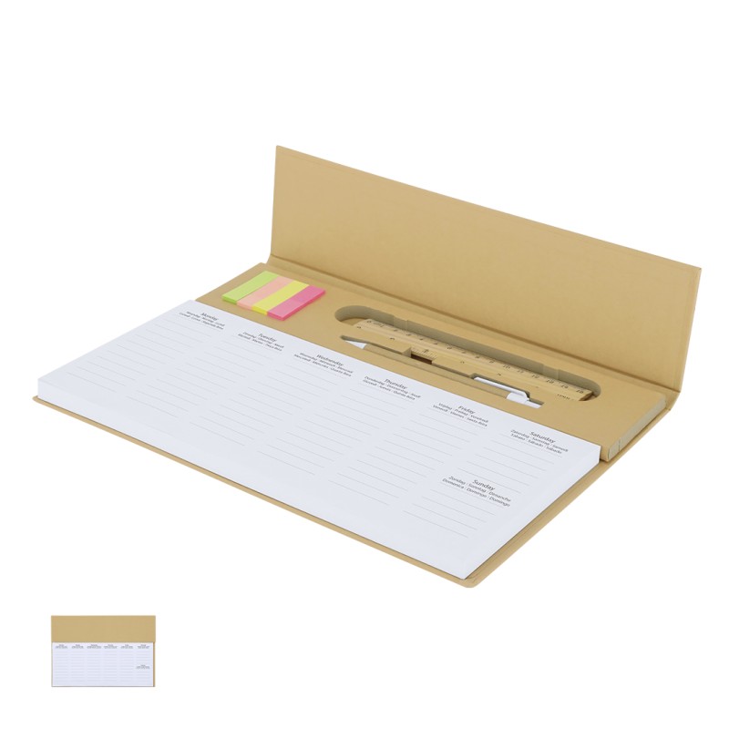 Isan - 125 Blätter. 7 Sprachen. 100 Mini Haftnotizen 1,2 x 4,5 cm. Reclycling Pappe Kugelschreiber und Lineal Holz Inklusive | R